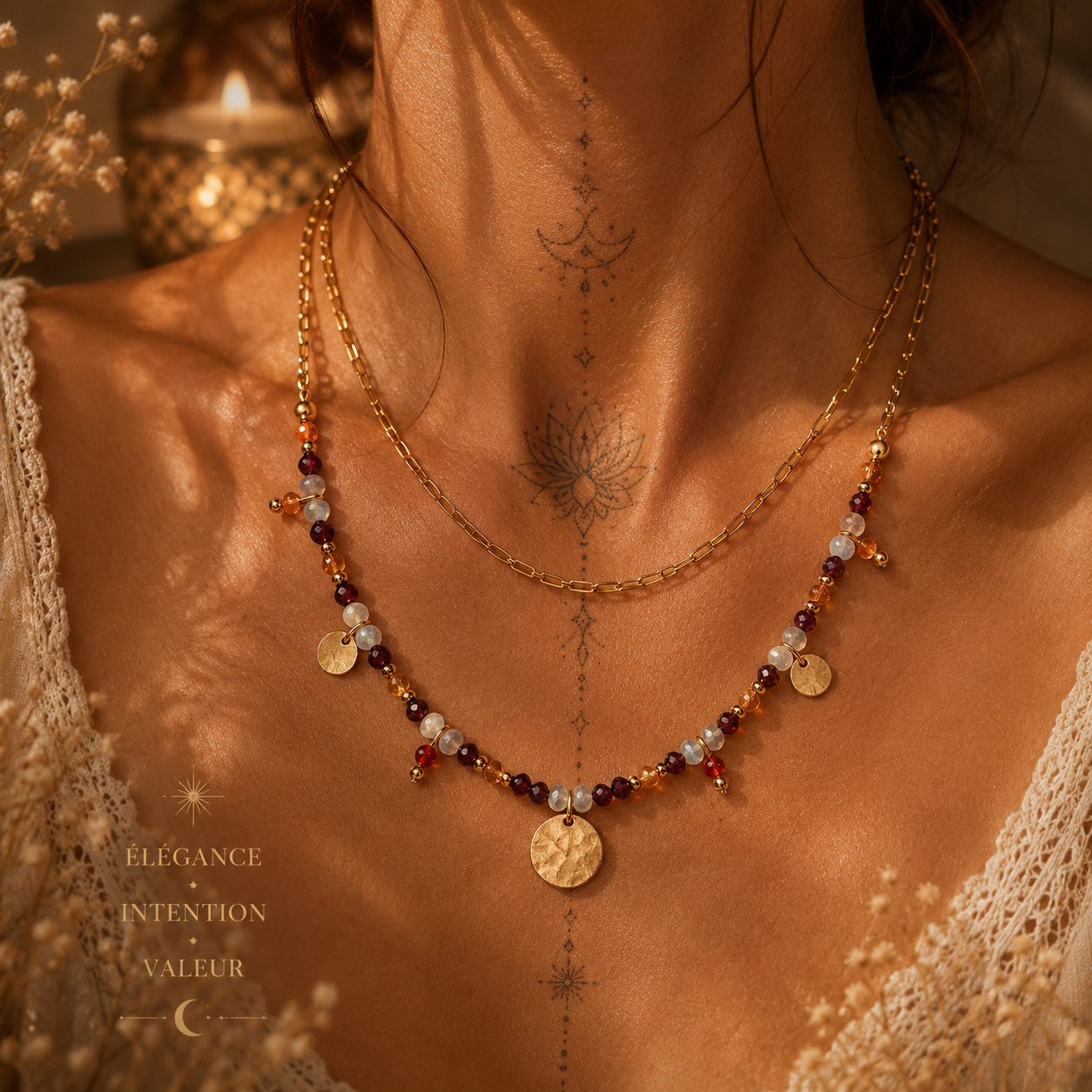 Collier en pierres naturelles – Grenat rouge, Cornaline & Aigue-Marine