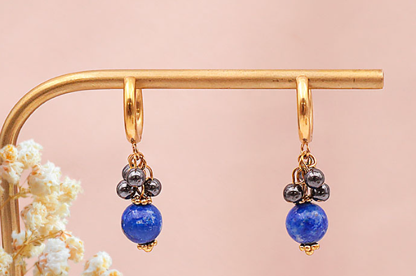 BOUCLE D'OREILLE ORNEL DORÉE HÉMATITE, LAPIS LAZULI