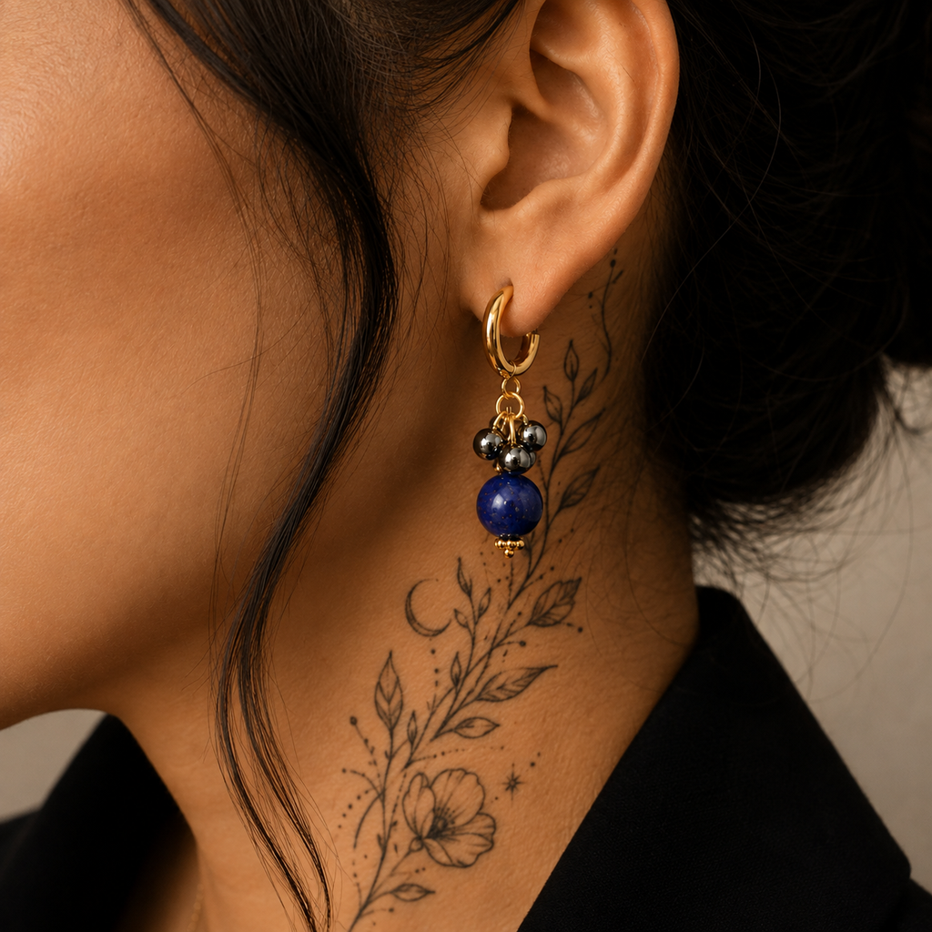 Boucles d’oreilles dorées – Hématite & Lapis Lazuli