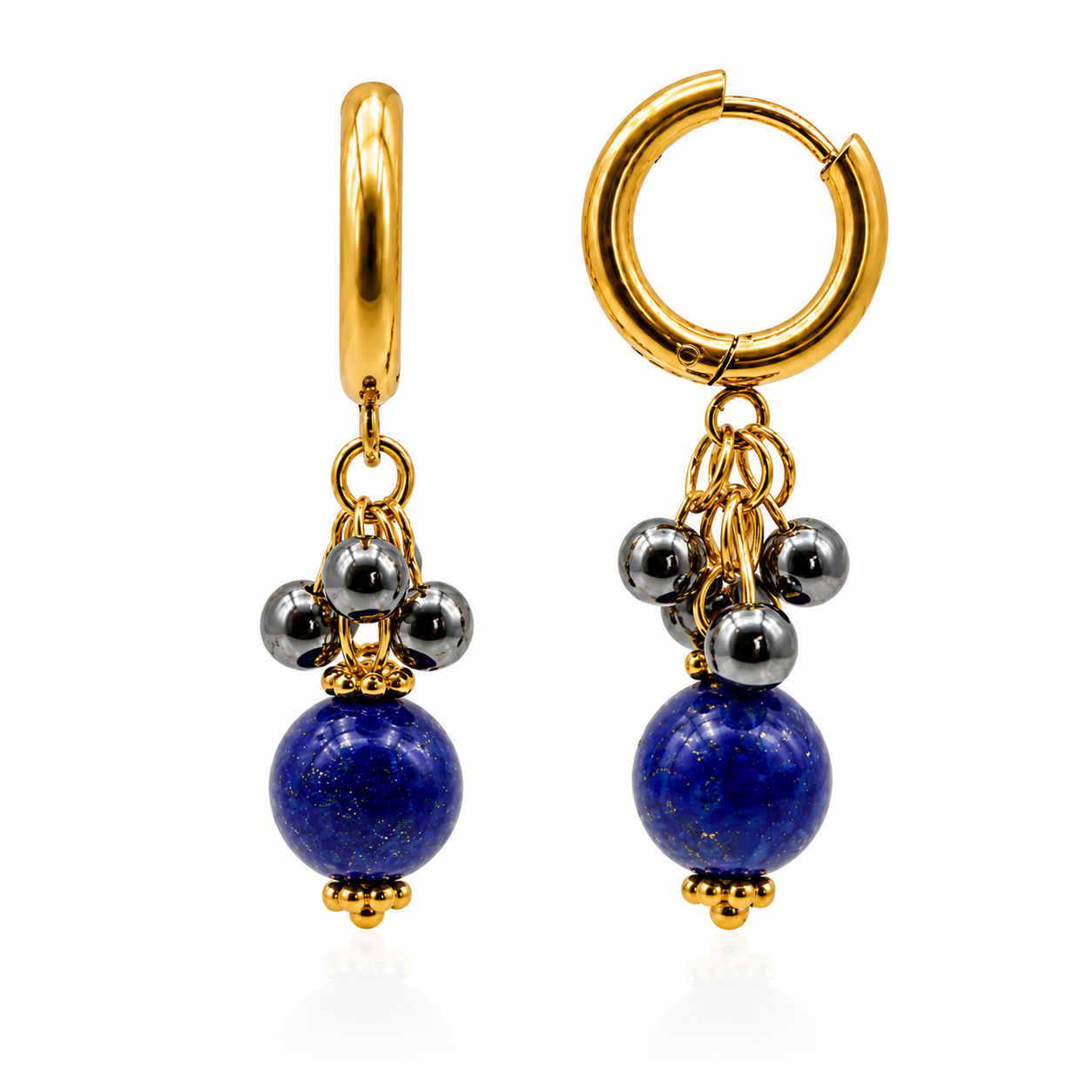 Boucles d’oreilles dorées – Hématite & Lapis Lazuli