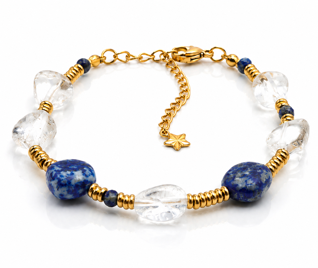 Bracelet doré en pierres naturelles – Cristal de roche & Lapis Lazuli