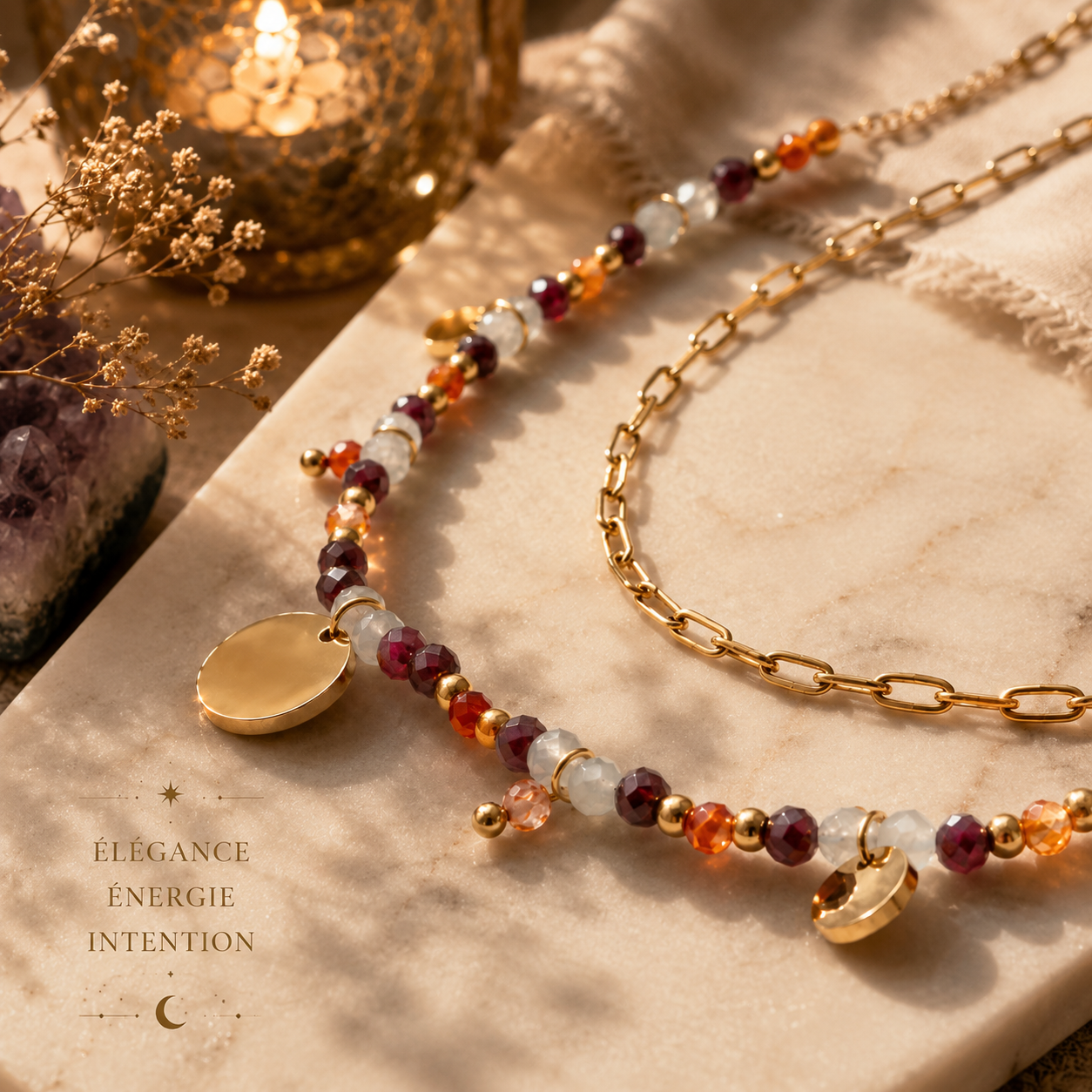 Collier en pierres naturelles – Grenat rouge, Cornaline & Aigue-Marine