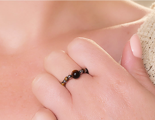 BAGUE ONDINE ARGENTÉE HÉMATITE, OEIL DE TIGRE