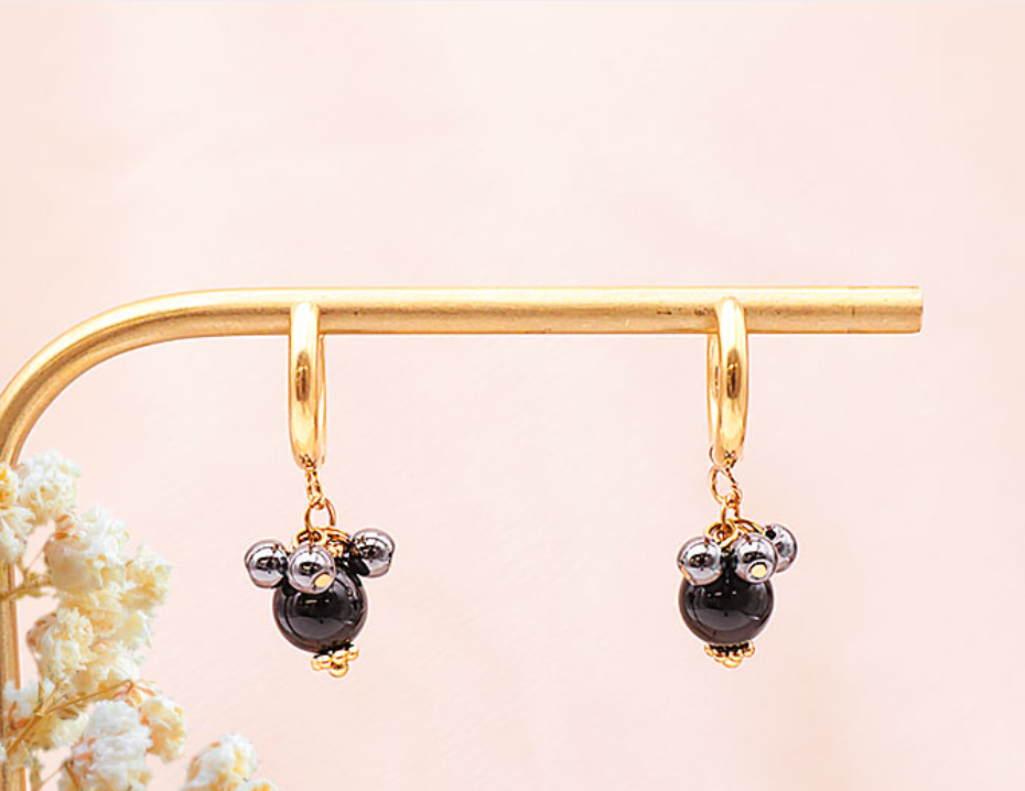 BOUCLE D'OREILLE ORNEL DORÉE HÉMATITE, ONYX