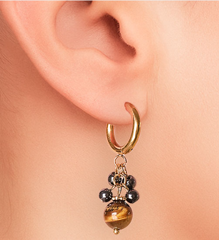 BOUCLE D'OREILLE ORNEL DORÉE HÉMATITE, OEIL DE TIGRE