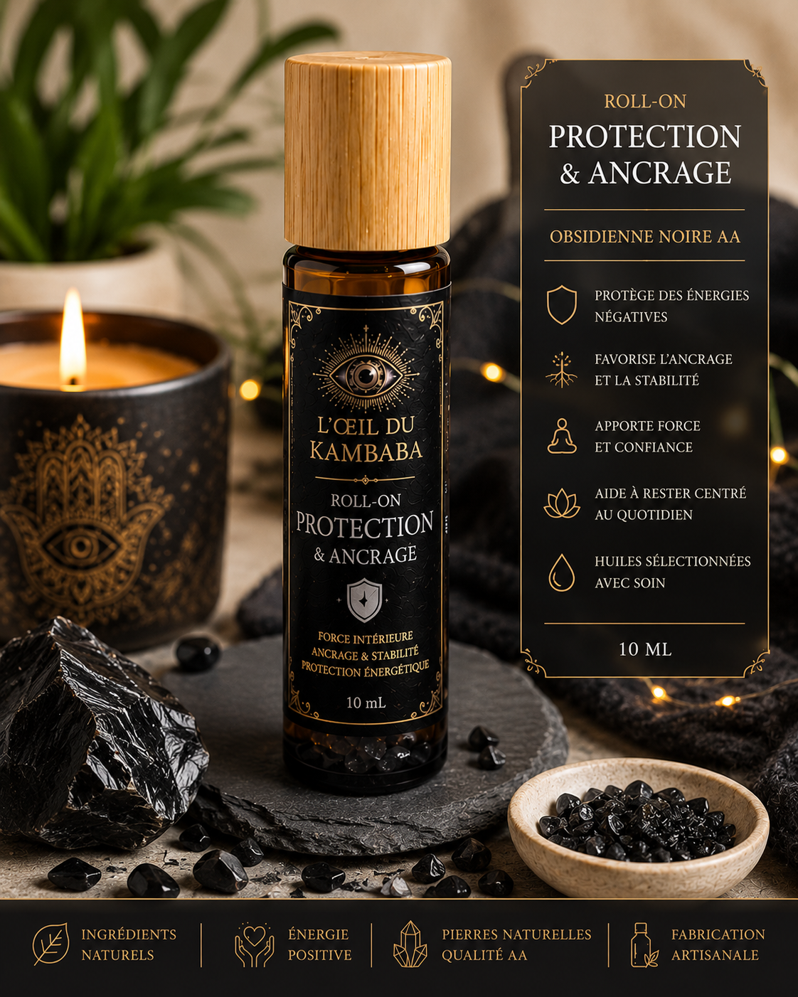 🛡️ Roll-On Protection & Ancrage – Obsidienne Noire AA