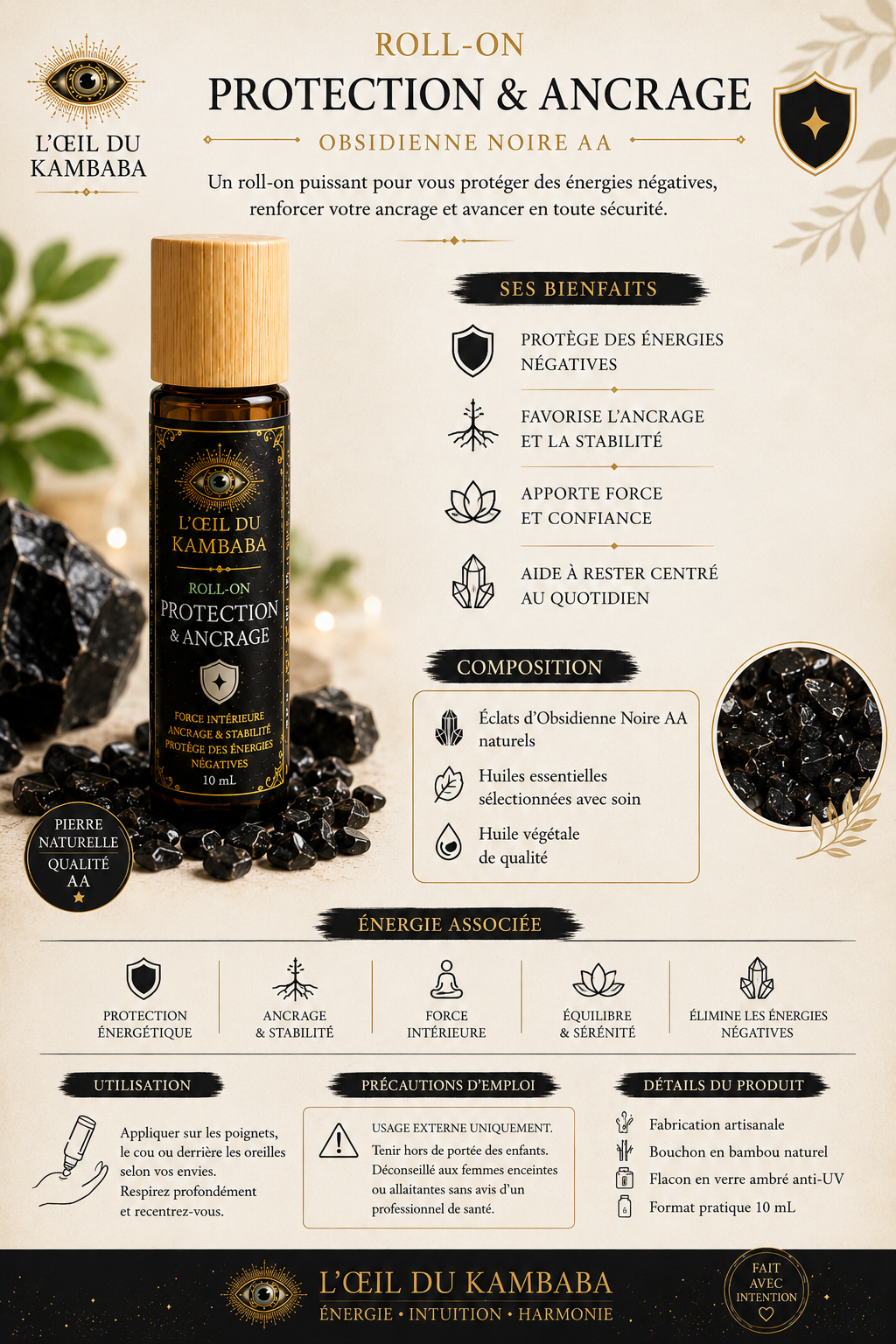 🛡️ Roll-On Protection & Ancrage – Obsidienne Noire AA