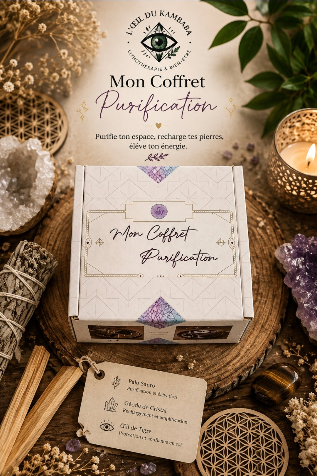 Kit purification - Palo Santo , Géode de Cristal & oeil de tigre