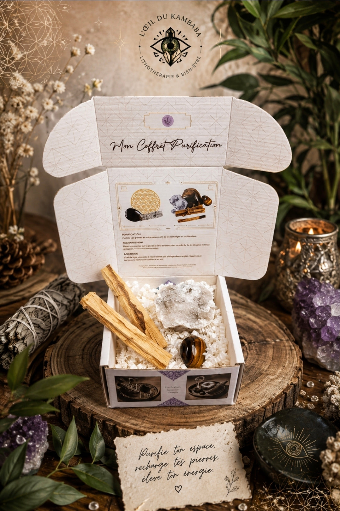 Kit purification - Palo Santo , Géode de Cristal & oeil de tigre