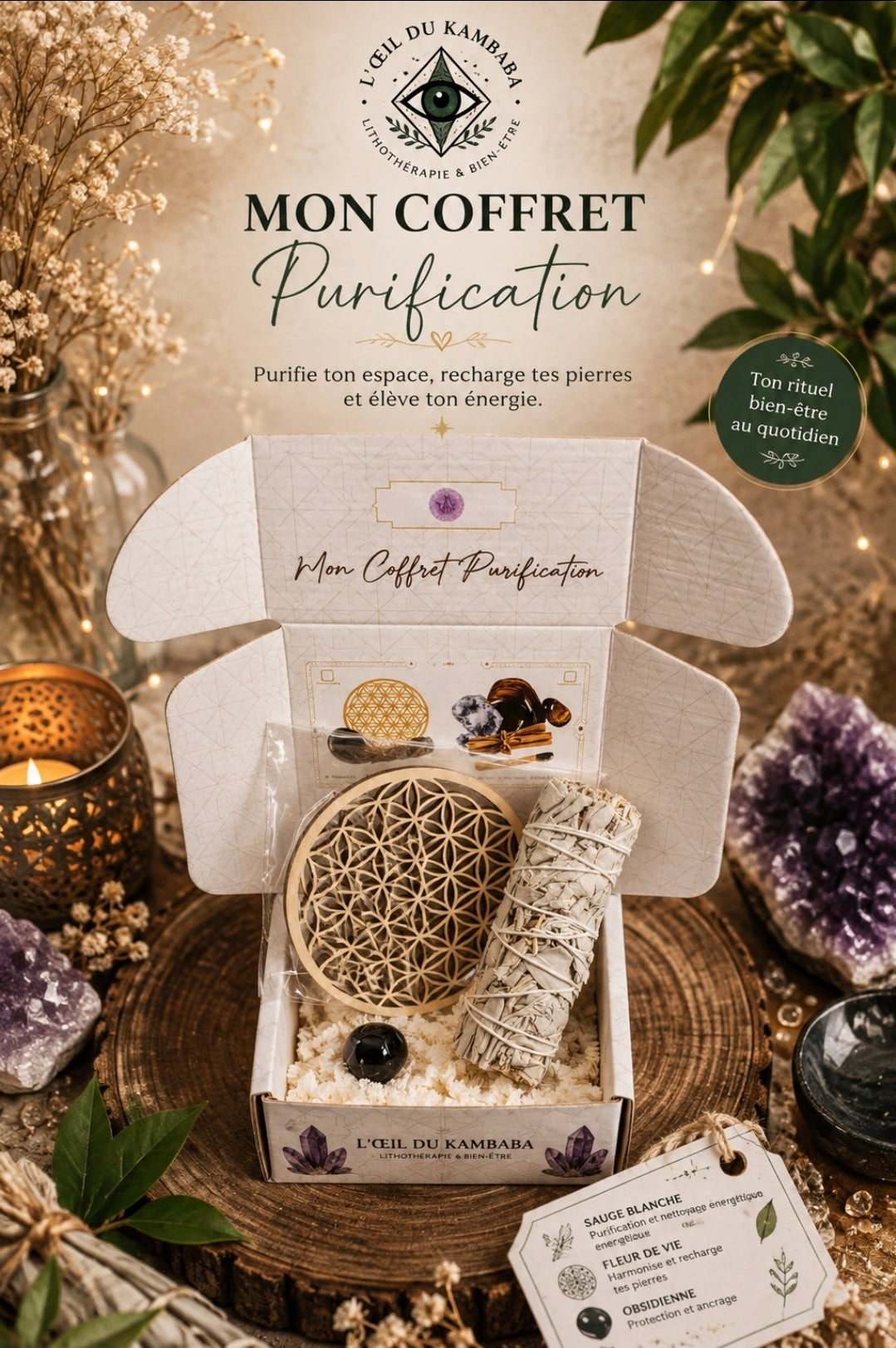 Kit de purification Sauge, fleur de vie et Obsidienne
